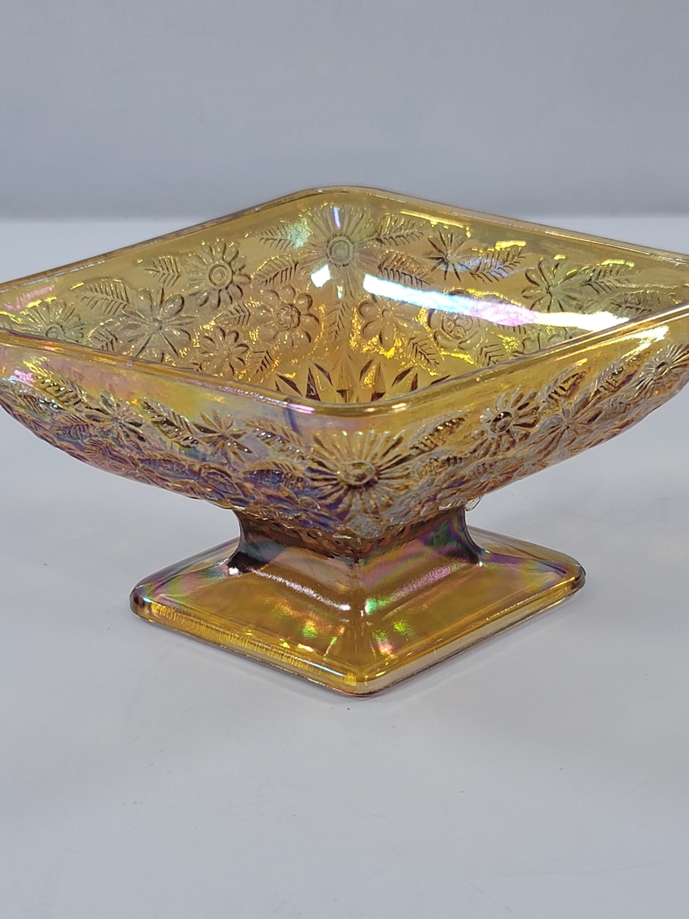 Vintage Indiana Amber Carnival Glass Pedestal Diamond Shaped Candy Nut Dish